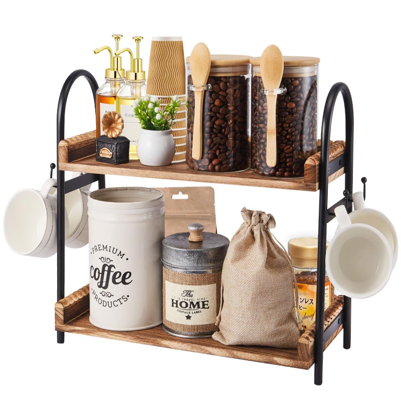 BDBDYEAY Coffee Bar Accessories 2Tier Coffee Bar Organizer with 4 Coffee Cup Holder Hooks Multifunctional Wooden Beaded Coffee Station Countertop Stand Shelf for Kitchen Home Office