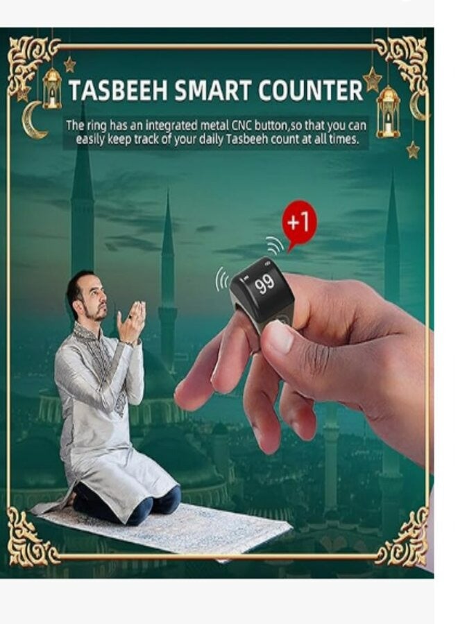 حلقة ذكية، صلاة المسلمين، تذكير توقيت الصلاة، شاشة OLED، عداد التسبيح، حلقة ذكية، IPX7 مقاومة للماء، تأتي مع علبة شحن متوافقة مع 3 أشرطة مقاس 18 مم 20 مم 22 مم 3 أشرطة - Image 2