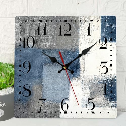 ArtSocket ArtSocket Wooden Wall Clock Silent NonTicking Blue Grey Abstract Painting Gray Contemporary Square Rustic Coastal Wall Clocks Decor for Home Kitchen Living Room Office Battery Operated 12 Inch 