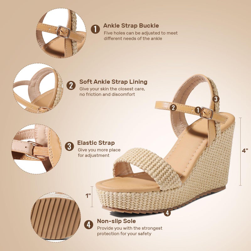 mikarka Women's Espadrille Wedge Sandals: Ankle Strap Platform Open Toe Wedges - Stylish High Heel Dressy Summer Wedges for Women, Inspired by Espadrilles Brown Raffia Size 8.5 - Image 4
