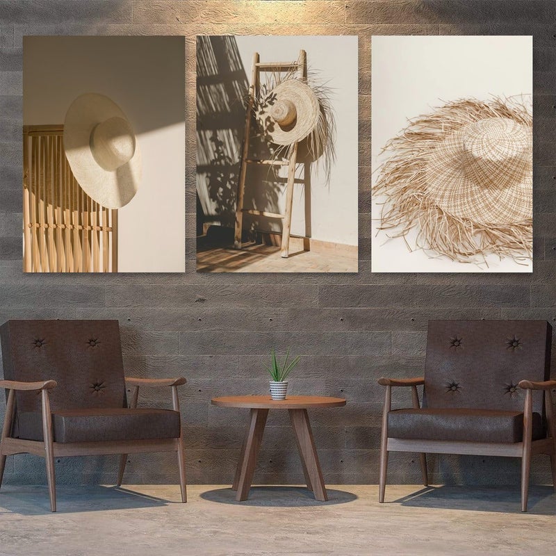 ماركتنا ثلاث لوحات قماشية مودرن بتصميم قبعة قش مع برواز مجوف مقاس (90×40) ثلاث قطع - Image 1