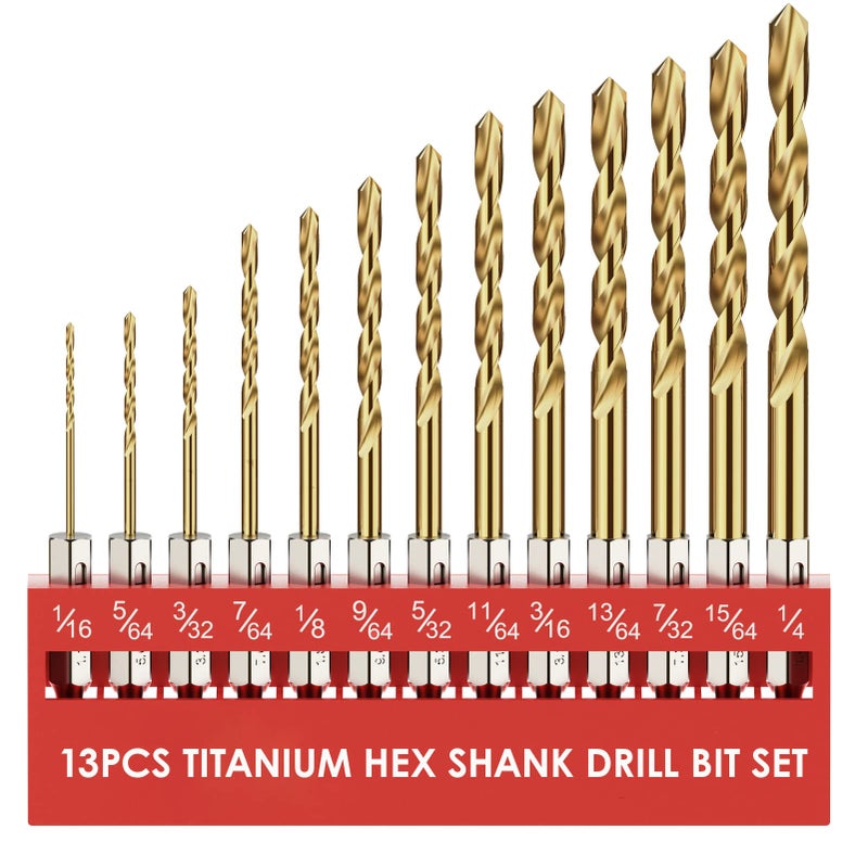 MACXCOIP Hex Shank Drill Bit Set, 13Pcs HSS Titanium Twist Drill Bit for Sheet Metal, Wood, Plastic, Quick Change Design (1/16"" - 1/4"")