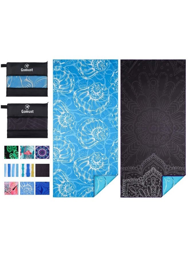 Gomust 2 Pack Beach Towel Oversized Microfiber Lightweight Sand Free Thin for Adult Quick Dry 71"x32" Travel Big Extra Large Accessories Vacation Camp Essential Multipack Black Mandala Blue Shell - Image 1