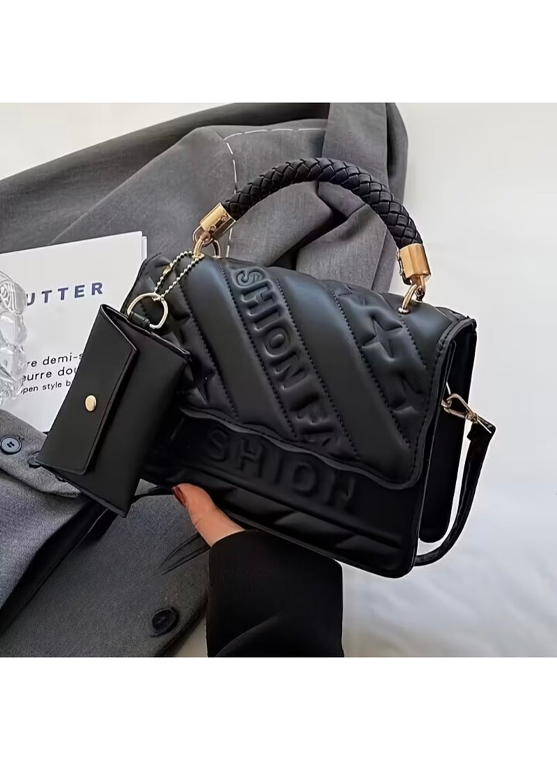 A spacious women's crossbody bag, this black handbag features a flap and a vintage-inspired design, making it suitable for both casual and formal occasions. It's a durable shoulder bag that can also be used as a display accessory. - Image 1