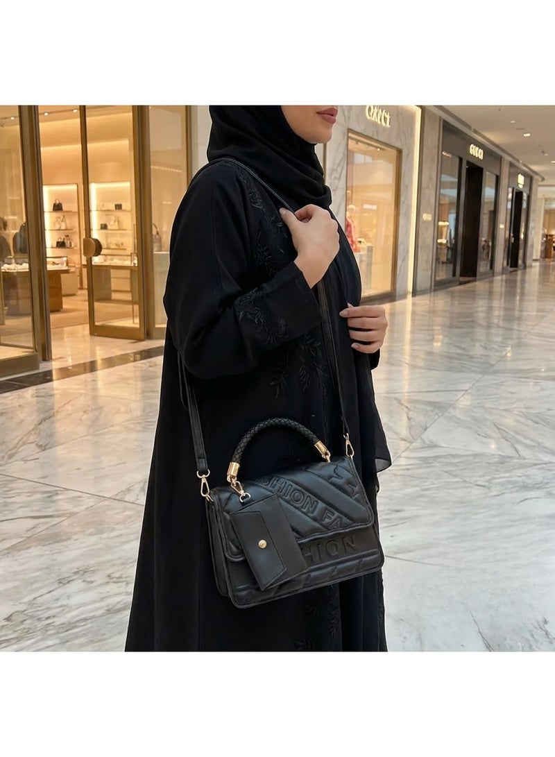 A spacious women's crossbody bag, this black handbag features a flap and a vintage-inspired design, making it suitable for both casual and formal occasions. It's a durable shoulder bag that can also be used as a display accessory. - Image 4