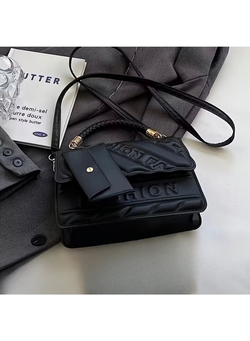 A spacious women's crossbody bag, this black handbag features a flap and a vintage-inspired design, making it suitable for both casual and formal occasions. It's a durable shoulder bag that can also be used as a display accessory. - Image 2
