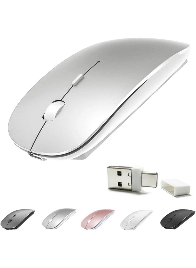 4 Modes Rechargeable Bluetooth Mouse BT3.0/5.2+USB-2.4G/Type-C,Wireless Mouse for MacBook pro/MacBook air/Laptop/iMac/ipad/Notebook/pc (BT/USB-C Silver) - Image 1