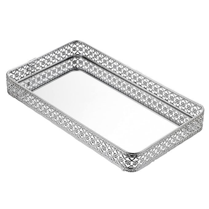 35X20CM VANITY MIRROR TRAY JEWELRY TRINKET TRAY DECORATIVE TRAY FOR COSMETIC MAKEUP DRESSER BATHROOM BEDROOM COUNTERTOP ORGANIZER SILVER