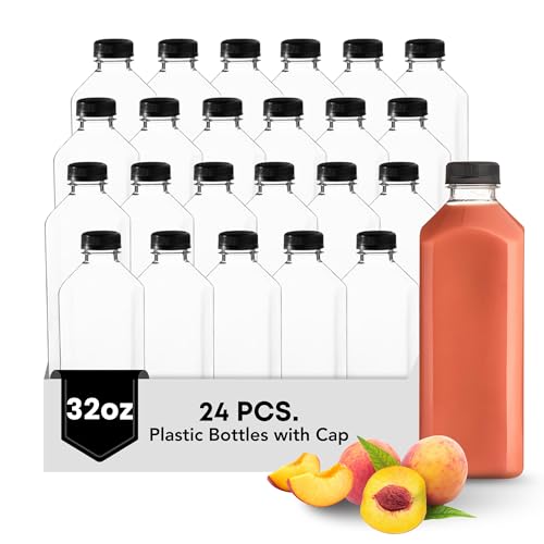 Hammont Plastic Bottles with Caps Clear PET Iced Coffee Juice Bottles Pack of 24 Reusable Juicing Bottle Ideal for Cold Drinks 32oz - Image 1