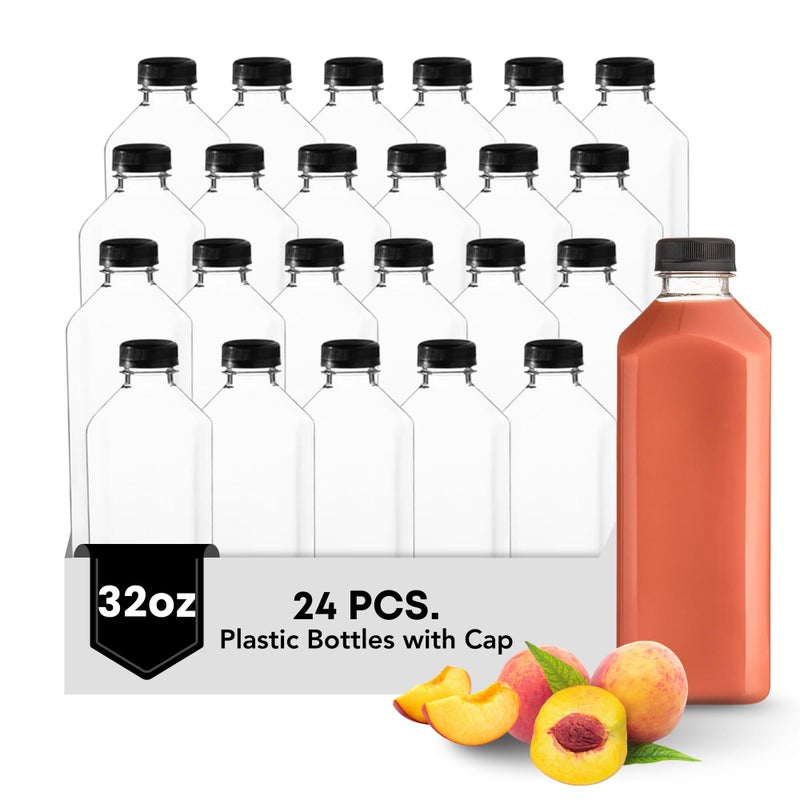 Hammont Plastic Bottles with Caps Clear PET Iced Coffee Juice Bottles Pack of 24 Reusable Juicing Bottle Ideal for Cold Drinks 32oz - Image 2