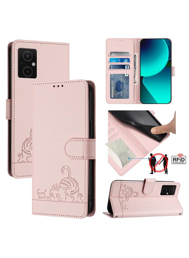 The Bros Case For Xiaomi POCO M4 5G / POCO M5 4G Cat Rat Embossed Pattern RFID Leather Phone Case with Lanyard