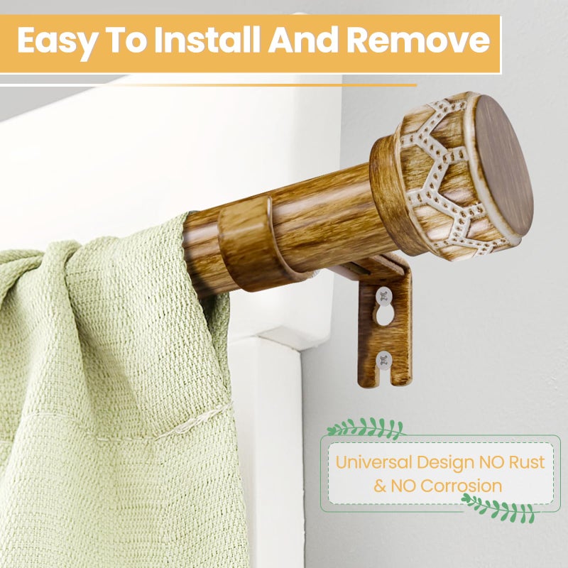 EQURROY Wood Curtain Rods for Windows 28 to 48 Inch(2.3-4ft), 1 Inch Diameter Heavy Duty Curtain Rod, Adjustable Decorative Drapery Poles with Carved Round Boho Finials For bedroom & livingroom.Size:18-64" - Image 2