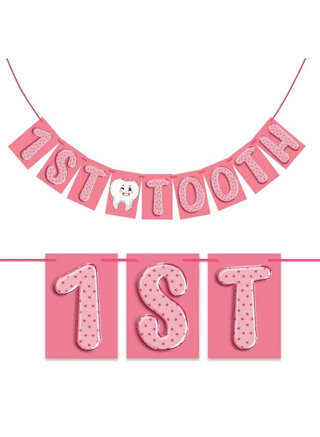Wobbox 1st Tooth Bunting Banner, Pink Colour Balloon Font, First Tooth Decoration, Happy Birthday Decoration - Image 1