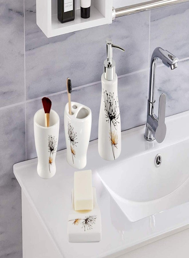 هوم-إكس مجموعة إكسسوارات الحمام من هوم-إكس، مكونة من 4 قطع مع طبق صابون، وموزع سائل، وكوب، وحامل فرشاة أسنان، باللون الأبيض مع طبعة زهور - Image 2