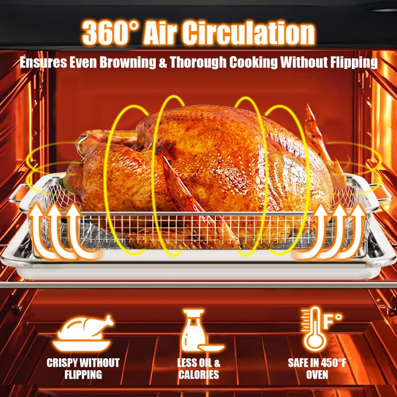 Foedo Air Fryer Basket for Oven, 15.5"x 11.6" Air Fryer Tray and Pan with 100 PCS Parchment Papers, Stainless Steel Non-stick Oven Air Fryer Basket for Cooking Baking and Crispy Foods - Image 3