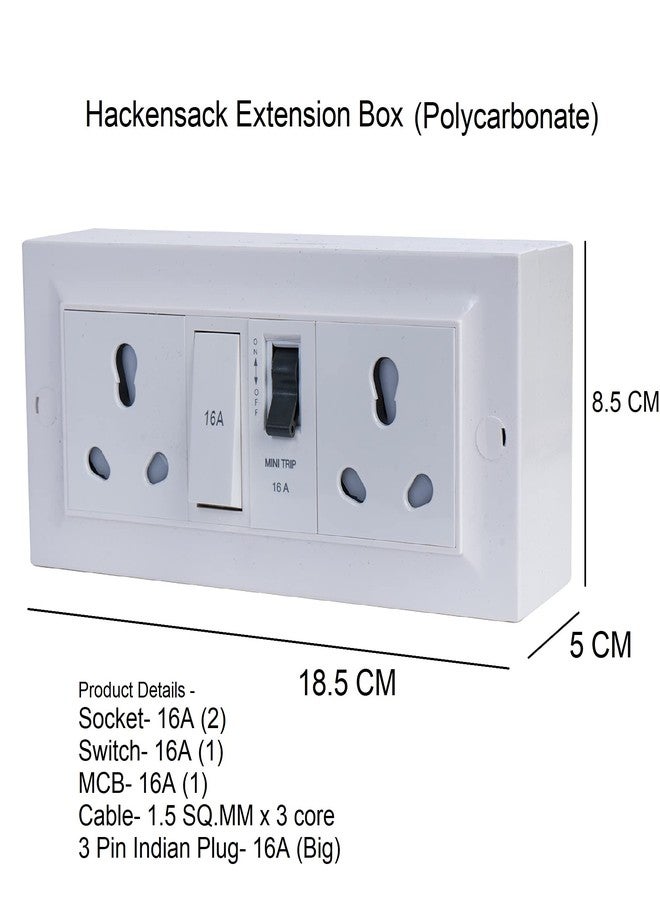 Hackensack Extension Board - Two 16/16A Socket 16A (15A) Master Switch and 16A MCB (Polycarbonate) Long 1.5 SQ.MM x 3 Core Heavy Duty 5 Meter Wire Cable with (15 Amp) 3 Pin Plug (White) - Image 3