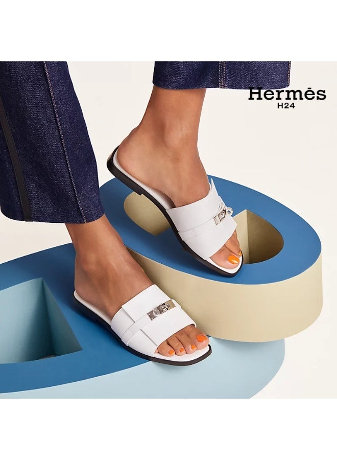 Hermes H24 صندل هيرميس H24 جوليا ذو الكعب المسطح والمقدمة المستديرة للنساء – أبيض - Image 5