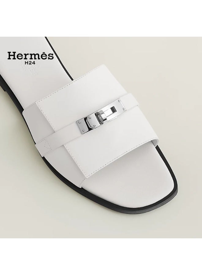 Hermes H24 صندل هيرميس H24 جوليا ذو الكعب المسطح والمقدمة المستديرة للنساء – أبيض - Image 4
