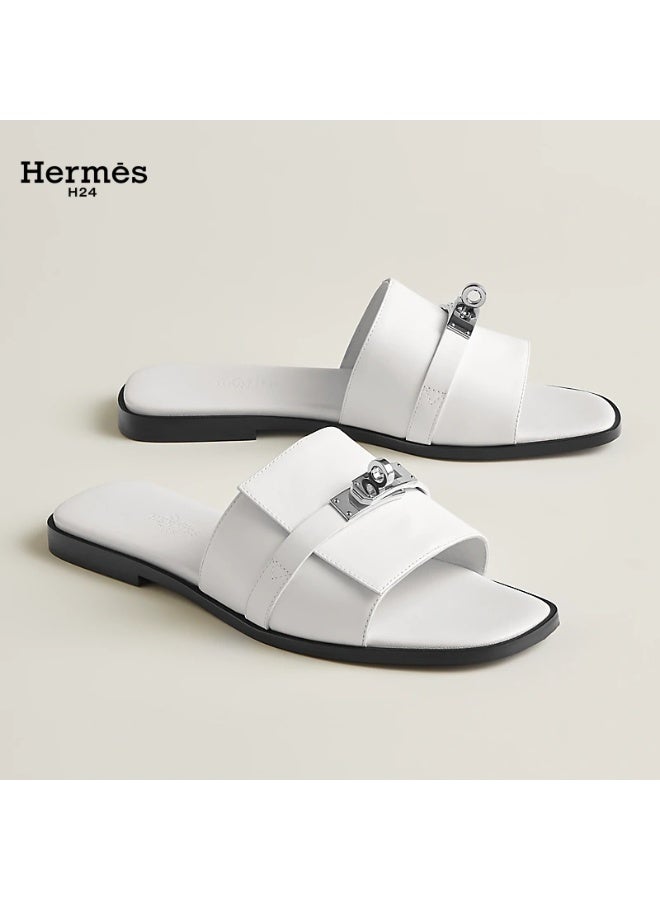 Hermes H24 صندل هيرميس H24 جوليا ذو الكعب المسطح والمقدمة المستديرة للنساء – أبيض - Image 1