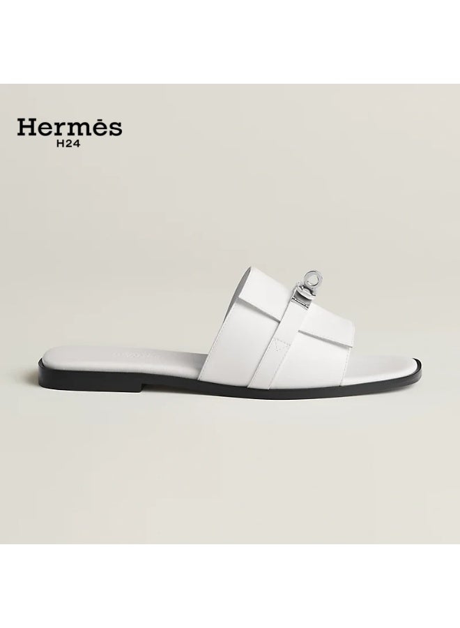 Hermes H24 صندل هيرميس H24 جوليا ذو الكعب المسطح والمقدمة المستديرة للنساء – أبيض - Image 2