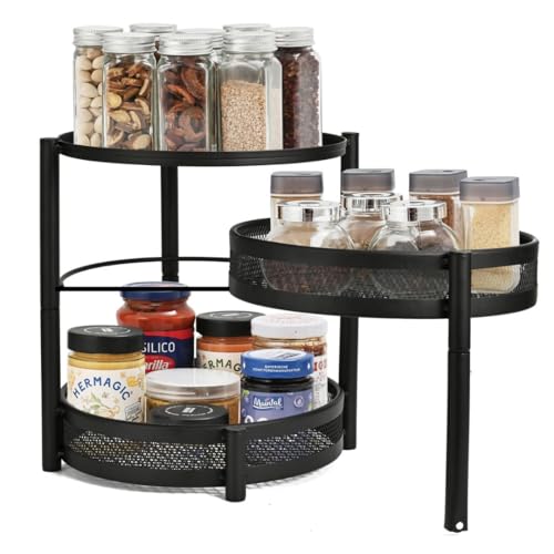 IBERG 3 Tier Spice Organizer with Rotating Middle Tier, Space Saving Kitchen Countertop Rack, Metal Pantry Organizer for Spices, Jars & Seasoning (Black) - Image 1