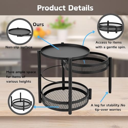 IBERG 3 Tier Spice Organizer with Rotating Middle Tier, Space Saving Kitchen Countertop Rack, Metal Pantry Organizer for Spices, Jars & Seasoning (Black) - Image 3