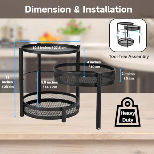 IBERG 3 Tier Spice Organizer with Rotating Middle Tier, Space Saving Kitchen Countertop Rack, Metal Pantry Organizer for Spices, Jars & Seasoning (Black) - Image 2