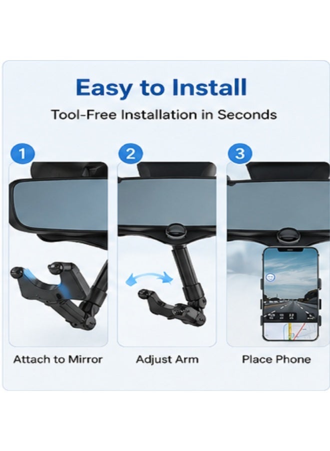 IMPERIUM Premium Rotatable & Retractable Car Phone Holder Mount – Rear View Mirror Mobile Phone Stand with 360° Adjustable Viewing Angle, Strong Grip Clamp, Universal Smartphone Holder for Safe Hands-Free Driving, Black - Image 4