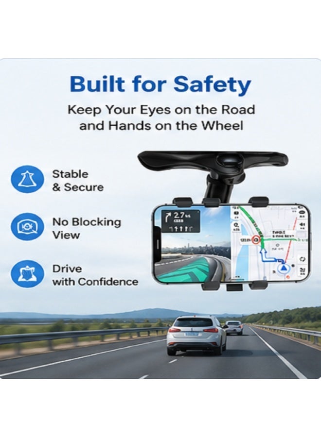 IMPERIUM Premium Rotatable & Retractable Car Phone Holder Mount – Rear View Mirror Mobile Phone Stand with 360° Adjustable Viewing Angle, Strong Grip Clamp, Universal Smartphone Holder for Safe Hands-Free Driving, Black - Image 2