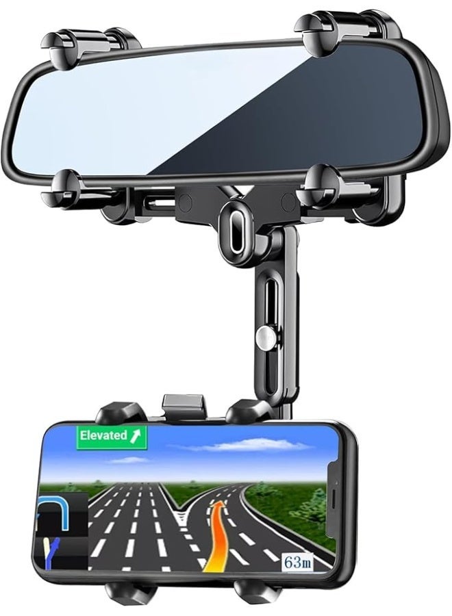 IMPERIUM Premium Rotatable & Retractable Car Phone Holder Mount – Rear View Mirror Mobile Phone Stand with 360° Adjustable Viewing Angle, Strong Grip Clamp, Universal Smartphone Holder for Safe Hands-Free Driving, Black - Image 1