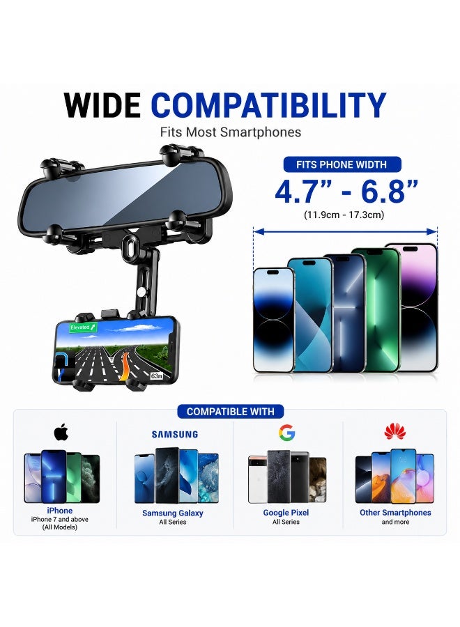 IMPERIUM Premium Rotatable & Retractable Car Phone Holder Mount – Rear View Mirror Mobile Phone Stand with 360° Adjustable Viewing Angle, Strong Grip Clamp, Universal Smartphone Holder for Safe Hands-Free Driving, Black - Image 2