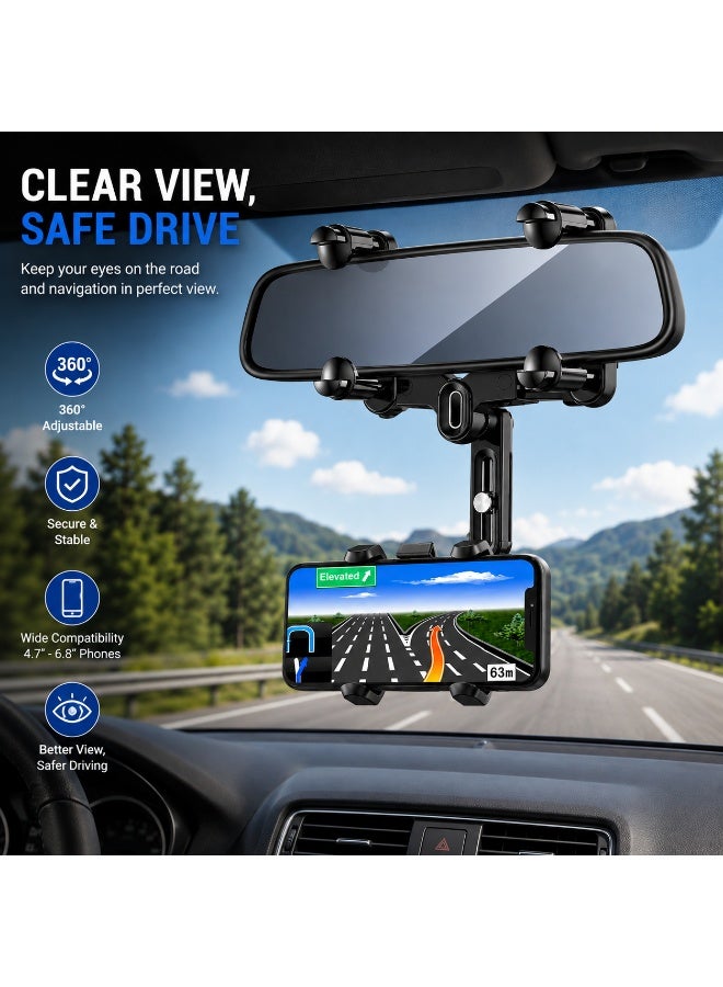 IMPERIUM Premium Rotatable & Retractable Car Phone Holder Mount – Rear View Mirror Mobile Phone Stand with 360° Adjustable Viewing Angle, Strong Grip Clamp, Universal Smartphone Holder for Safe Hands-Free Driving, Black - Image 5