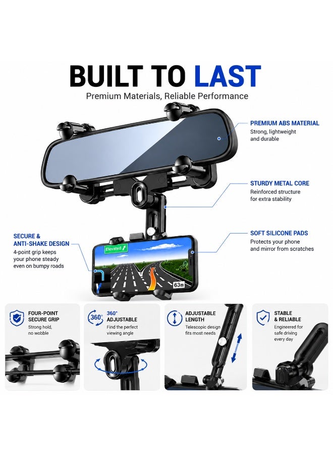 IMPERIUM Premium Rotatable & Retractable Car Phone Holder Mount – Rear View Mirror Mobile Phone Stand with 360° Adjustable Viewing Angle, Strong Grip Clamp, Universal Smartphone Holder for Safe Hands-Free Driving, Black - Image 3