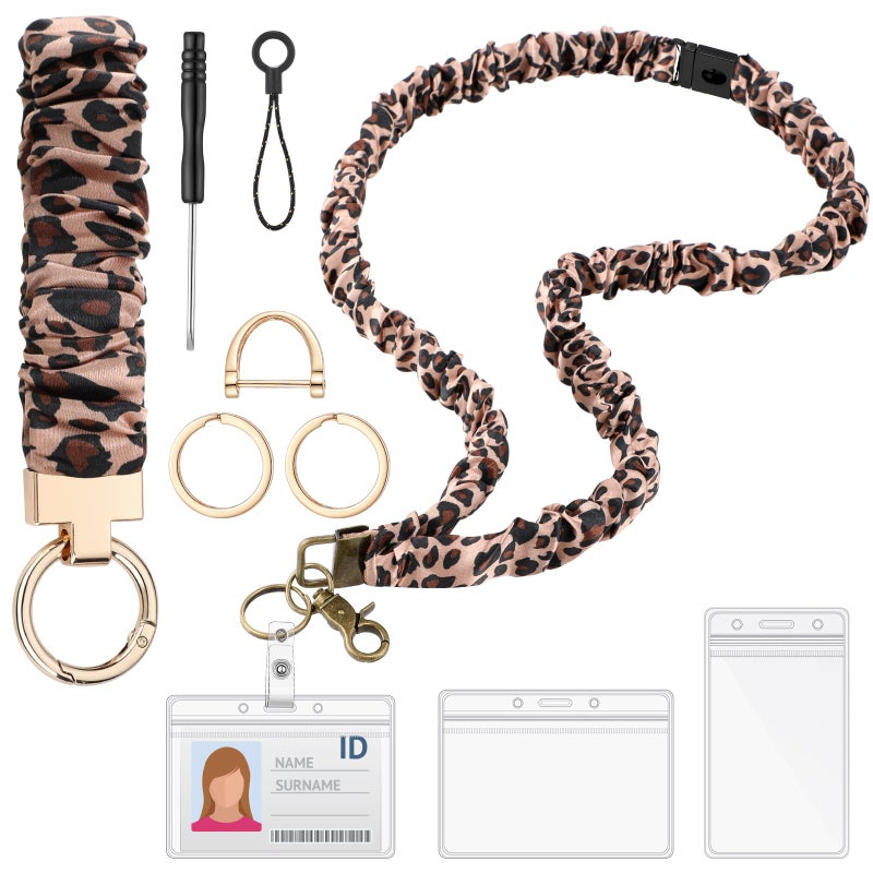 Eersida Teacher Scrunchies Lanyard with Safety Breakaway Buckle Retractable Lanyard Keychain Wristlet Office Gift for Women(Black and Gold,Leopard Style) - Image 1