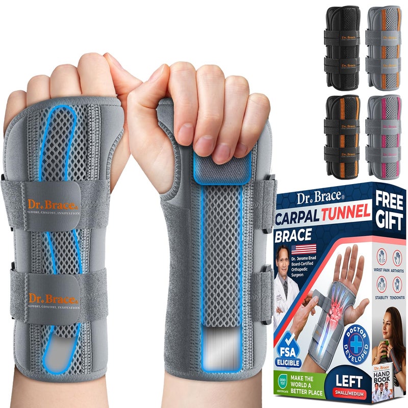 DR. BRACE Adjustable Wrist Brace Night Support for Carpal Tunnel, Doctor Developed, Upgraded with Double Splint & Therapeutic Cushion,Hand Brace for Pain Relief,Injuries,Sprains (S/M Left Hand, Grey) - Image 1