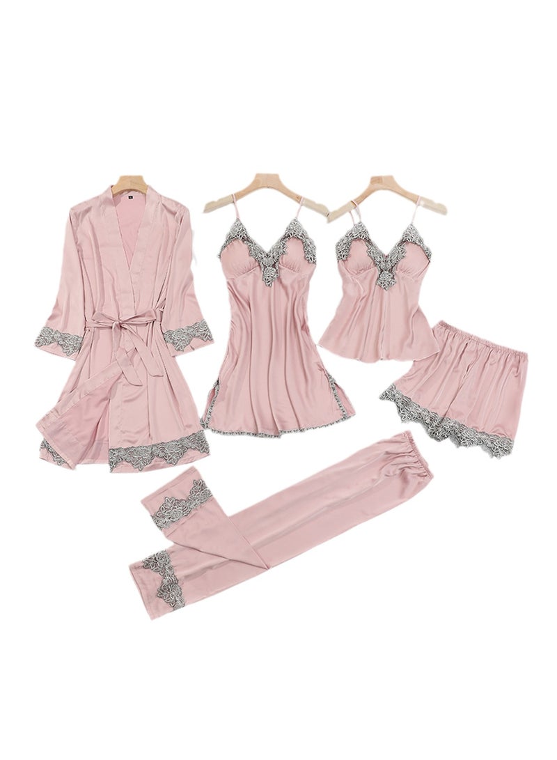 5pcs Ice Silk Pajamas Thin Lace Suspender Long Sleeve Pajama Set  - Image 1