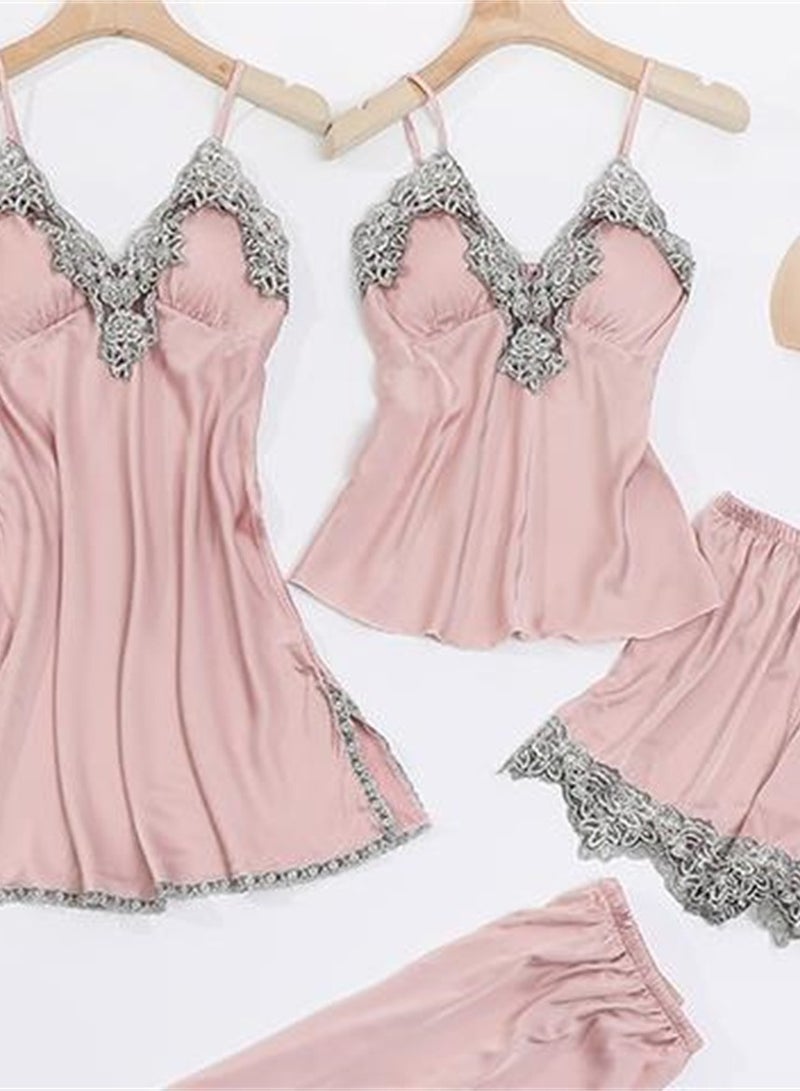 5pcs Ice Silk Pajamas Thin Lace Suspender Long Sleeve Pajama Set  - Image 4