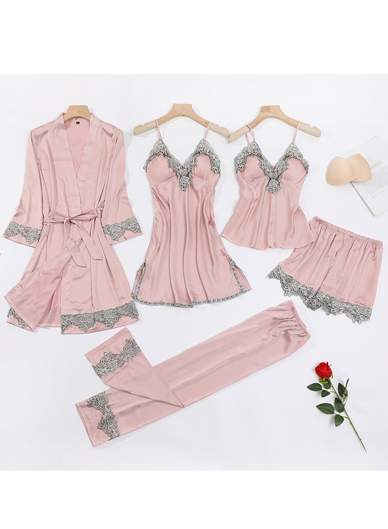 5pcs Ice Silk Pajamas Thin Lace Suspender Long Sleeve Pajama Set  - Image 2