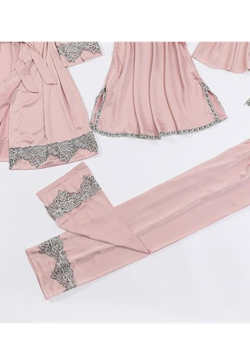 5pcs Ice Silk Pajamas Thin Lace Suspender Long Sleeve Pajama Set  - Image 5