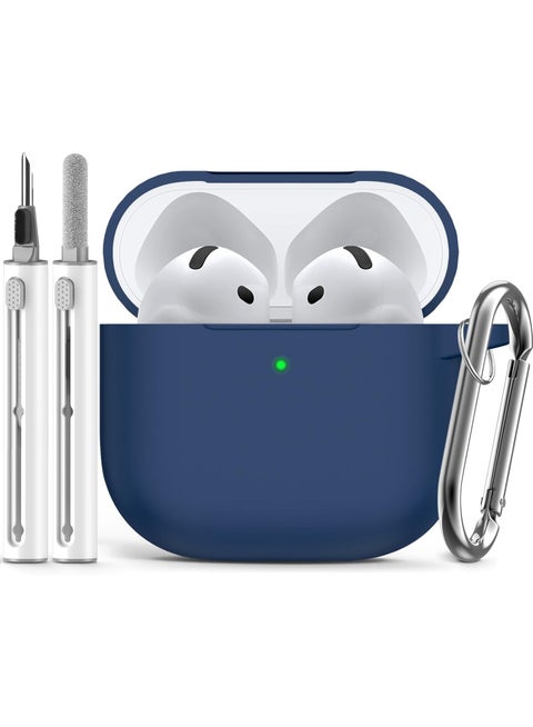 Soft Silicone Protective Case Cover for AirPods 4 with Cleaner Kit and Keychain(Blue)