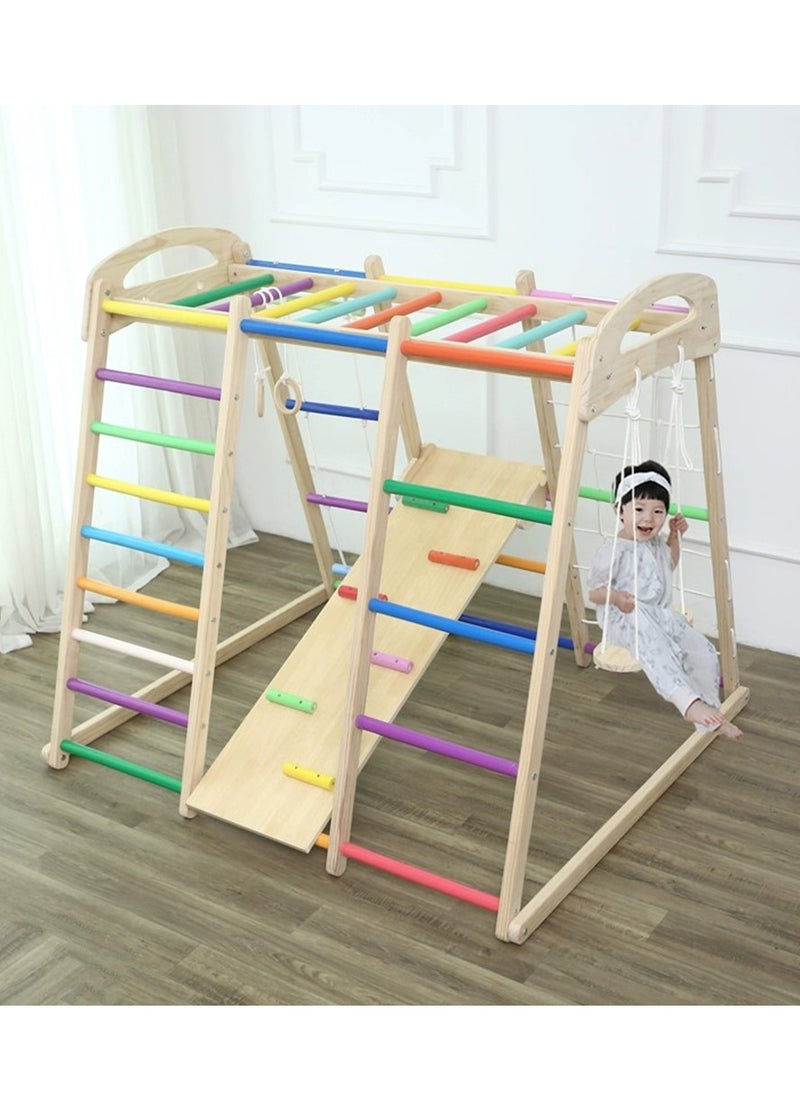 MaBaby - 7 in 1 Climbing Frame Indoor Household Solid Wood Children Small Family Park Slide, Rope Wall Climber, Monkey Bars, Swing Baby Rock Climbing Slide Swing Combination - Image 1