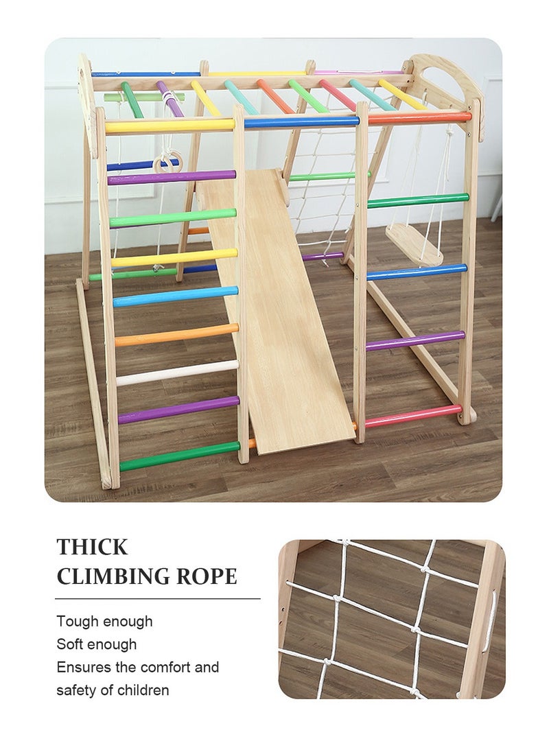MaBaby - 7 in 1 Climbing Frame Indoor Household Solid Wood Children Small Family Park Slide, Rope Wall Climber, Monkey Bars, Swing Baby Rock Climbing Slide Swing Combination - Image 1