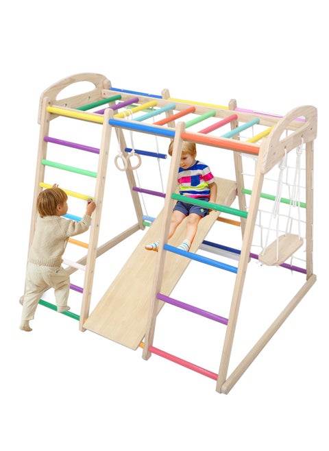 7 in 1 Climbing Frame Indoor Household Solid Wood Children Small Family Park Slide, Rope Wall Climber, Monkey Bars, Swing Baby Rock Climbing Slide Swing Combination