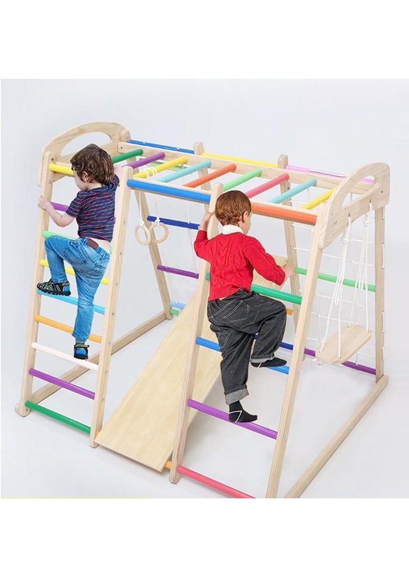MaBaby - 7 in 1 Climbing Frame Indoor Household Solid Wood Children Small Family Park Slide, Rope Wall Climber, Monkey Bars, Swing Baby Rock Climbing Slide Swing Combination - Image 1