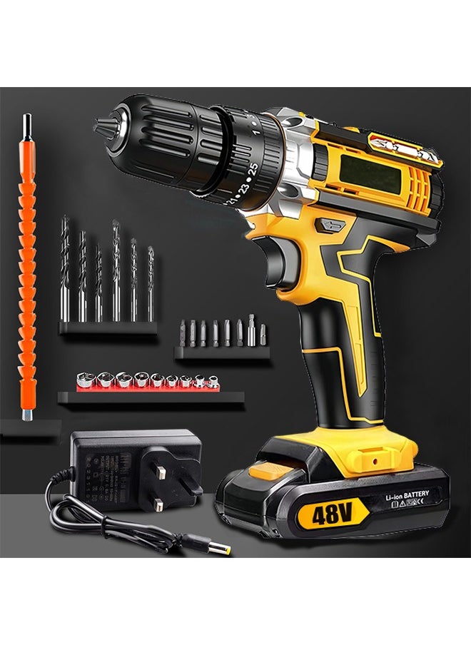 Favarey 48V Cordless Drill Set, Electric Drill with 2 Batteries and Charger, Electric Screwdriver Power Drill Drivers with 2 Speed, 25+1Torque Setting, Built-in LED Light,Storage Case Included，Yellow  - Image 1