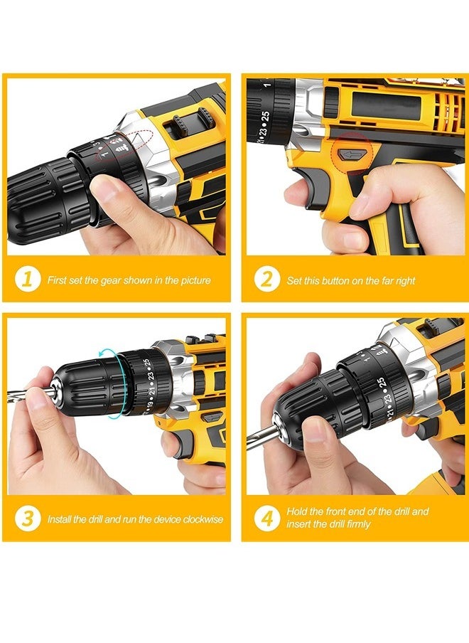 Favarey 48V Cordless Drill Set, Electric Drill with 2 Batteries and Charger, Electric Screwdriver Power Drill Drivers with 2 Speed, 25+1Torque Setting, Built-in LED Light,Storage Case Included，Yellow  - Image 2