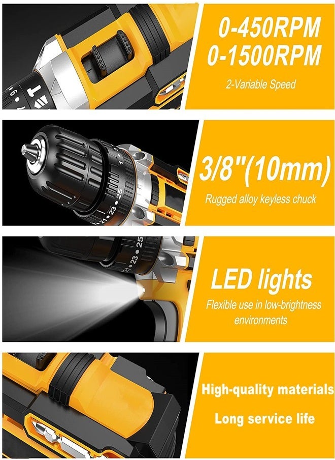 Favarey 48V Cordless Drill Set, Electric Drill with 2 Batteries and Charger, Electric Screwdriver Power Drill Drivers with 2 Speed, 25+1Torque Setting, Built-in LED Light,Storage Case Included，Yellow  - Image 3
