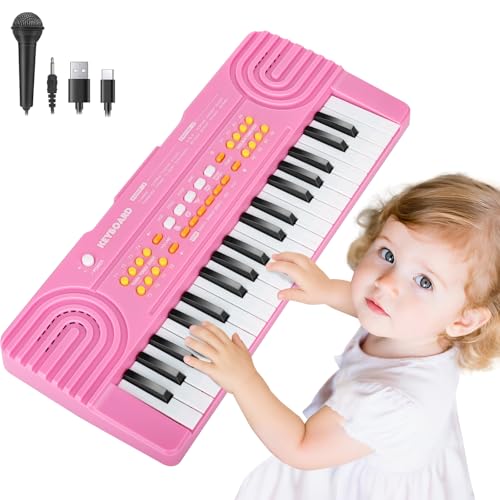 Drmukie Kids Piano Keyboard Toy for 4 Year Old Girl Birthday Gift 37 Key Pink Pianos with Microphone Toddler First Music Instrument Toys for 3 4 5 6 7 Year Old Boys Girls Gifts - Image 1
