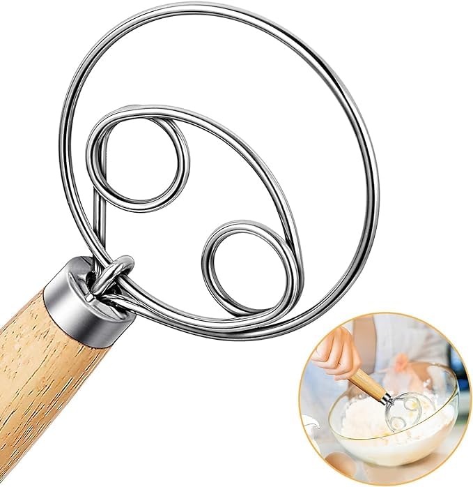 ONTRIP FRUITZY Danish Dough Whisk 13 Inch Long Wooden Handle Bread Dough Whisk and Dough Scraper Stainless Steel Ring Bread Dough Mixer Bread Whisk for Dough Bread Cake Pizza and Biscuits - Image 1