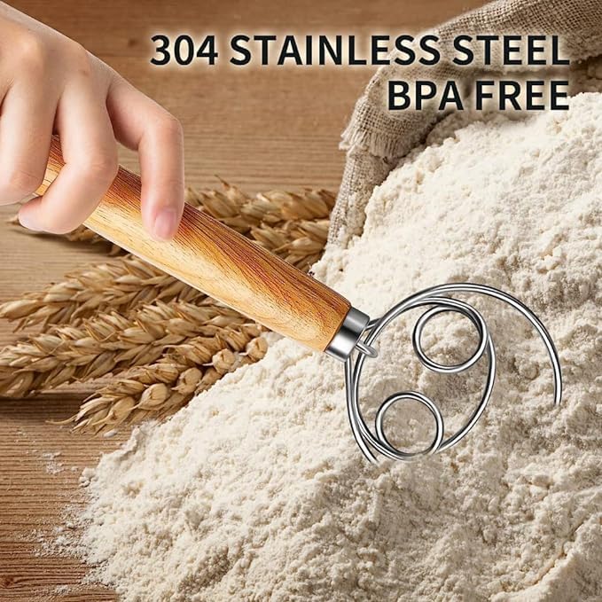ONTRIP FRUITZY Danish Dough Whisk 13 Inch Long Wooden Handle Bread Dough Whisk and Dough Scraper Stainless Steel Ring Bread Dough Mixer Bread Whisk for Dough Bread Cake Pizza and Biscuits - Image 2